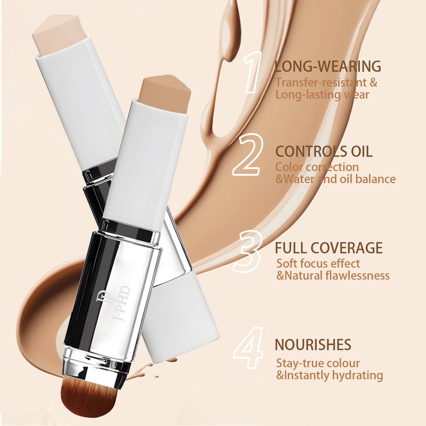 J Beauty Makeup - قلم أساس برأس فرشاة مزدوج الاستخدام،